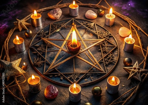 A mystical, intricately-drawn pentagram with bold lines and subtle shading, surrounded by candles, crystals, and mysterious artifacts on a dark, velvety background. photo