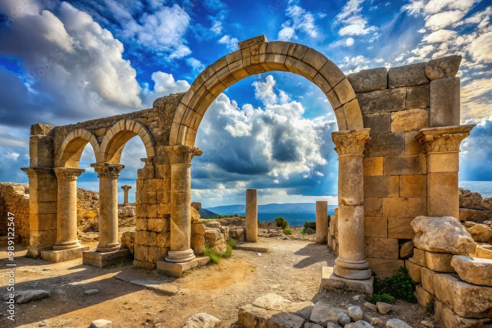 Ancient stone Greek archway with worn columns and crumbling walls set against a bright blue sky with wispy clouds in a deserted Mediterranean landscape. Ancient stone Greek archway with worn columns and crumbling walls set against a bright blue sky with wispy clouds in a deserted Mediterranean landscape.