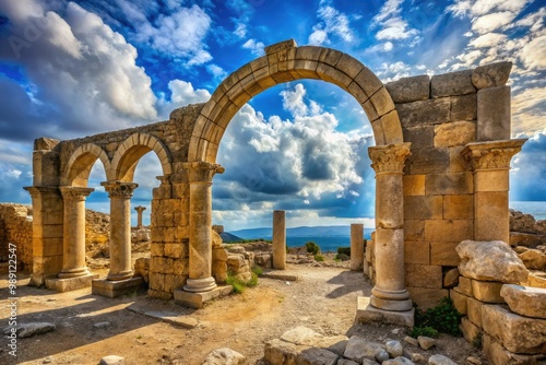 Ancient stone Greek archway with worn columns and crumbling walls set against a bright blue sky with wispy clouds in a deserted Mediterranean landscape.