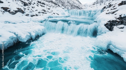 Frozen waterfall over icy cliff photo