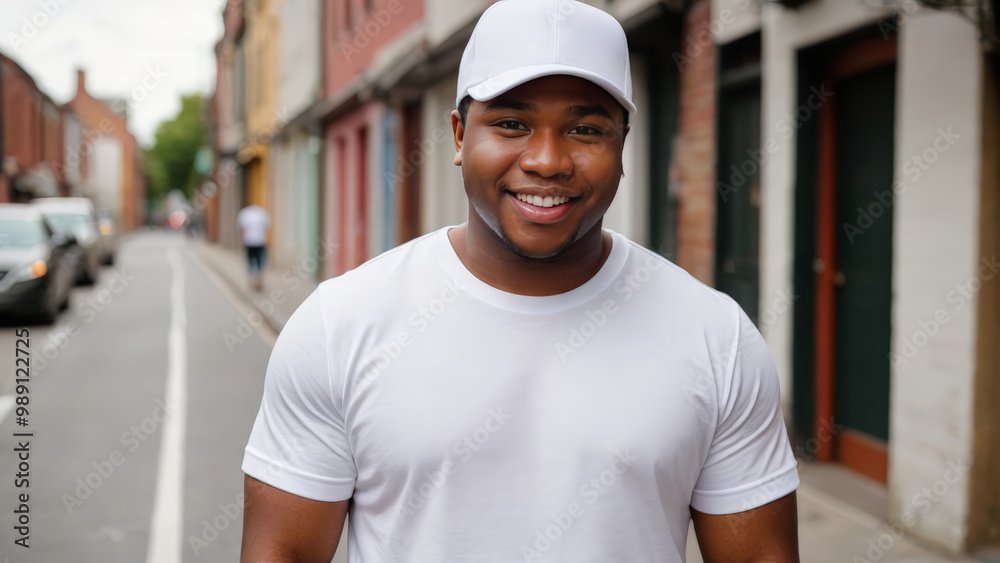 Plus size young black man wearing white t-shirt and white baseball cap standing in a city alley Plus size young black man wearing white t-shirt and white baseball cap standing in a city alley
