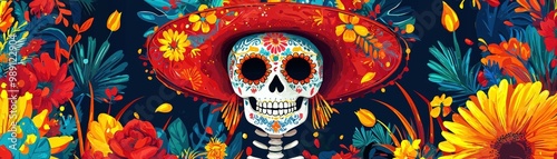 A vibrant sugar skull with a colorful floral background and a decorative sombrero.