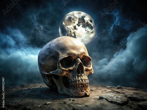 A ominous, worn, and weathered human skull, illuminated by a faint moonlight glow, set against a dark and misty, eerie atmospheric background. photo