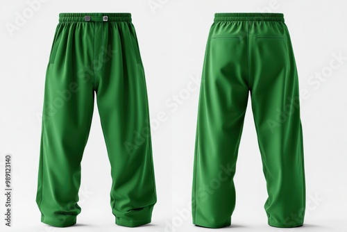 A pair of green athletic pants, featuring a relaxed fit and simple design, suitable for sports or casual wear. photo