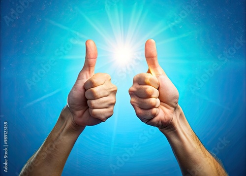 A pair of hands with two thumbs up, conveying enthusiasm, approval, and confidence, set against a bright blue background with a subtle gradient effect.