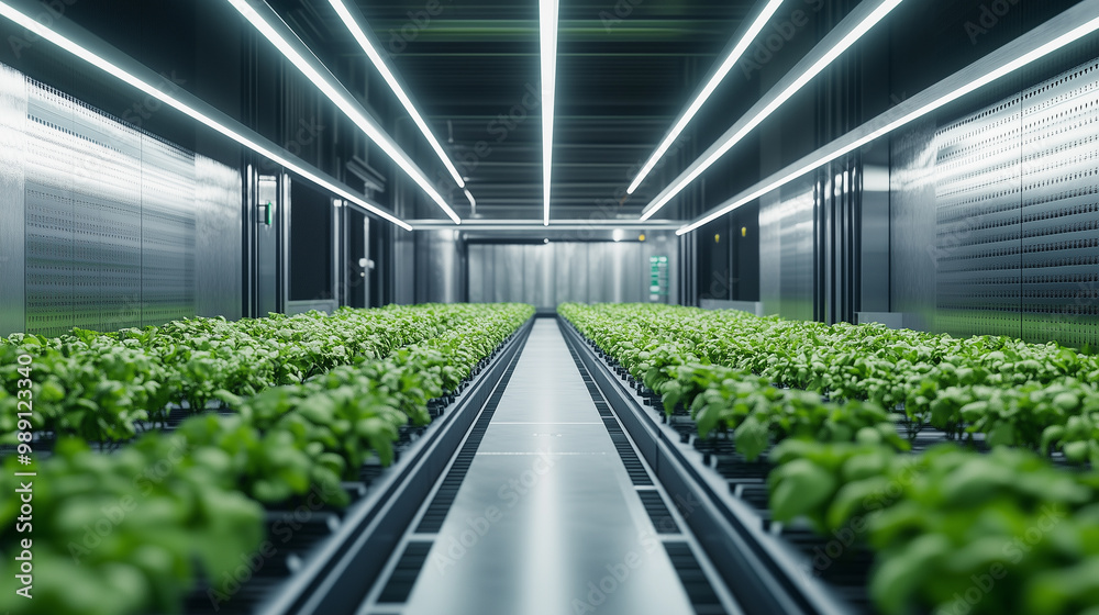 Indoor Vertical Farm with LED Lighting and Green Plants Indoor Vertical Farm with LED Lighting and Green Plants