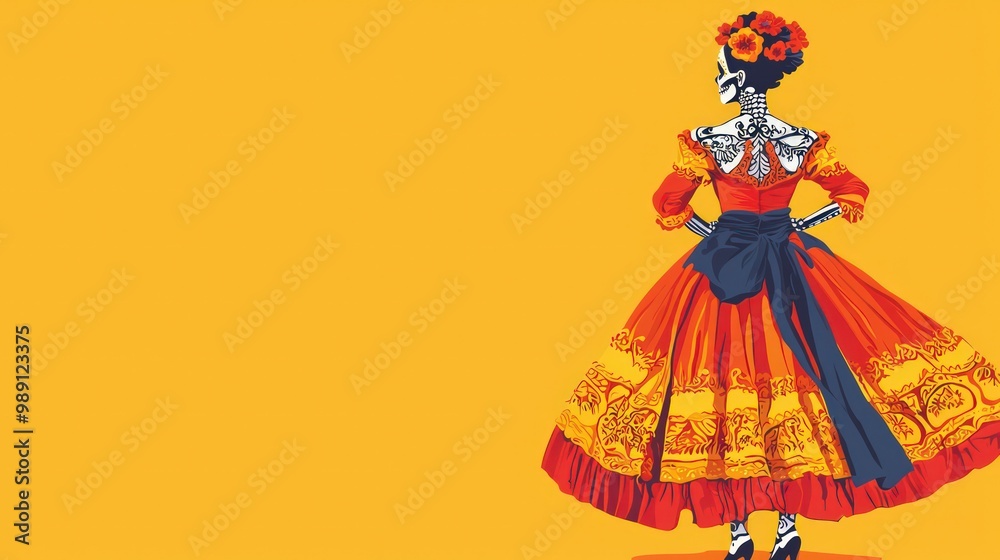 A colorful depiction of a skeleton wearing a traditional dress, celebrating Dia de los Muertos with vibrant flowers against a bright yellow background. A colorful depiction of a skeleton wearing a traditional dress, celebrating Dia de los Muertos with vibrant flowers against a bright yellow background.