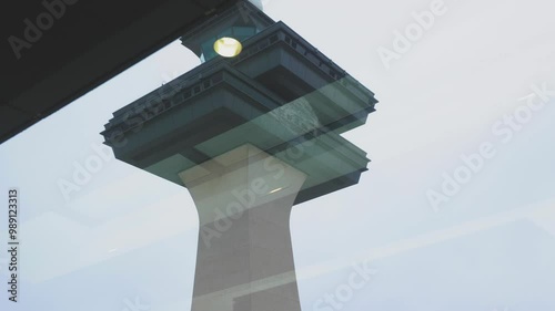 Airport control tower. Upward perspective through large windows photo