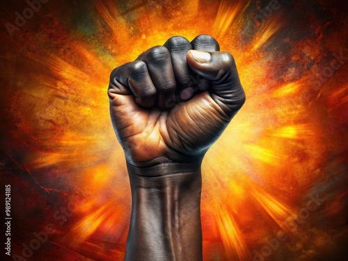 A powerful black fist rises in a symbol of strength, solidarity, and empowerment, set against a bold, contrasting background, evoking feelings of resilience and defiance.