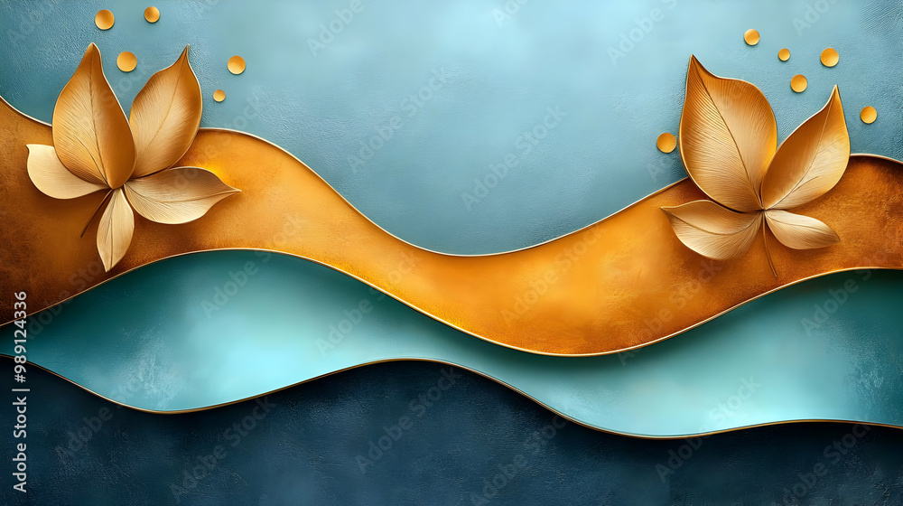 Golden Leaves on Abstract Waves, Modern Art Design with 3D Effect Golden Leaves on Abstract Waves, Modern Art Design with 3D Effect