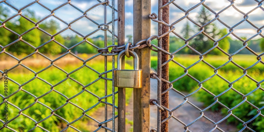 Chicken wire fence gate secured with chain and padlock Chicken wire fence gate secured with chain and padlock