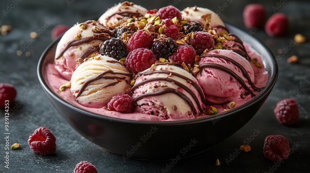 indulgent artisanal ice cream sundae with fresh berries delicate macarons and crushed pistachios swirls of dark chocolate drizzle over creamy scoops in an elegant glass bowl indulgent artisanal ice cream sundae with fresh berries delicate macarons and crushed pistachios swirls of dark chocolate drizzle over creamy scoops in an elegant glass bowl