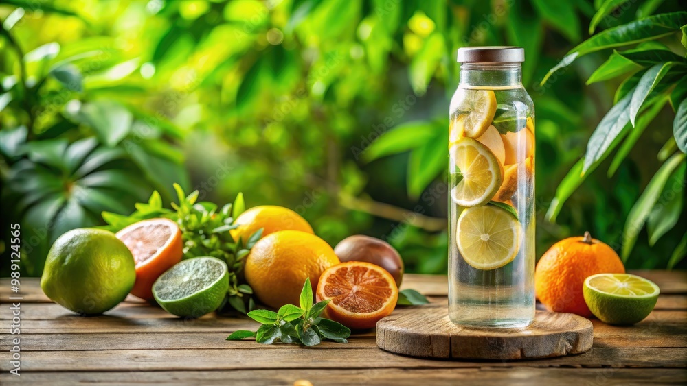 A refreshing glass water bottle stands upright on a rustic wooden table, surrounded by lush green leaves and a few slices of fresh citrus fruits.