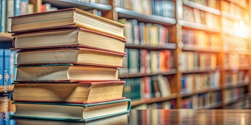 Close up of stack of hardcover books in a library setting