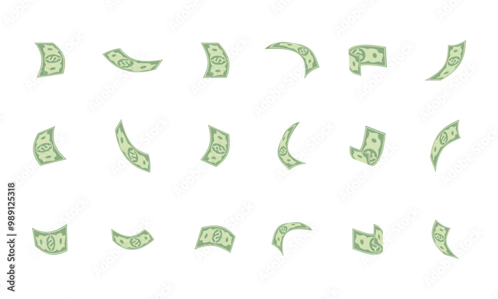 money falling or flying set vector illustration isolated on white background.