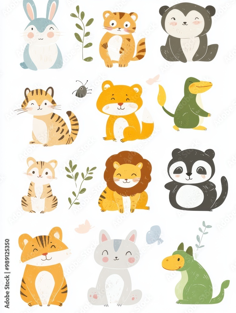 Obraz premium A cute collection of illustrated animals, perfect for children's decor, educational materials, and playful designs.