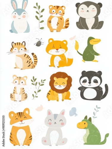 A cute collection of illustrated animals, perfect for children's decor, educational materials, and playful designs.