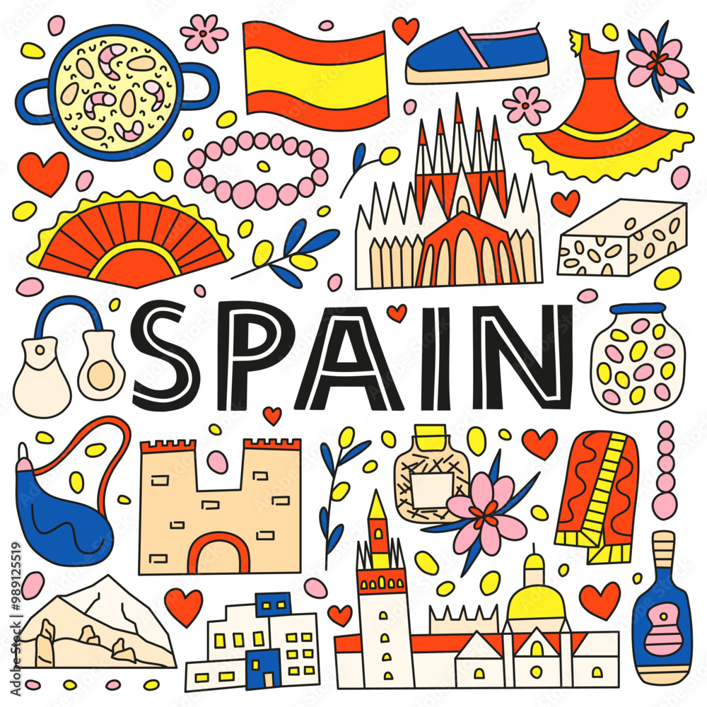Spanish national landmarks and attractions in doodle style isolated on white background. Welcome poster. Spanish tourism concept. Spanish national landmarks and attractions in doodle style isolated on white background. Welcome poster. Spanish tourism concept.
