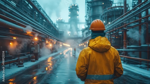 industrial worker inspecting massive pipelines steam rising in dimly lit heating plant