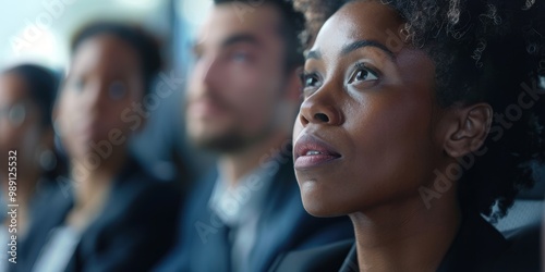 Professionals in a meeting with applause, featuring a speaker and presentation. Focus on leadership, teamwork, diversity, success, marketing strategies, and data analysis