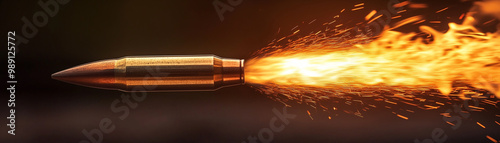 The bullet hurtles through the air at incredible speed, leaving behind a bright trail of fire