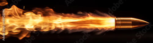 The bullet hurtles through the air at incredible speed, leaving behind a bright trail of fire photo