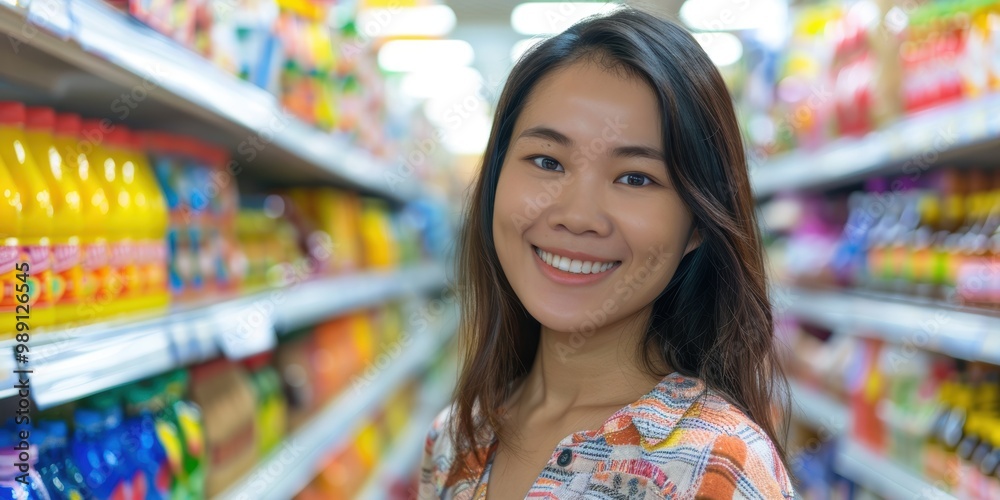 Happy woman shopping in a store aisle, exploring products and brands while making purchasing decisions