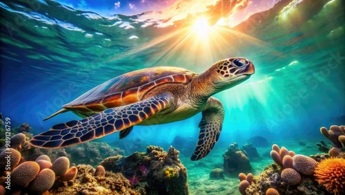 A serene green sea turtle swims alongside a vibrant coral reef, its shell glistening in the sunlight filtering down through the calm turquoise ocean water. photo