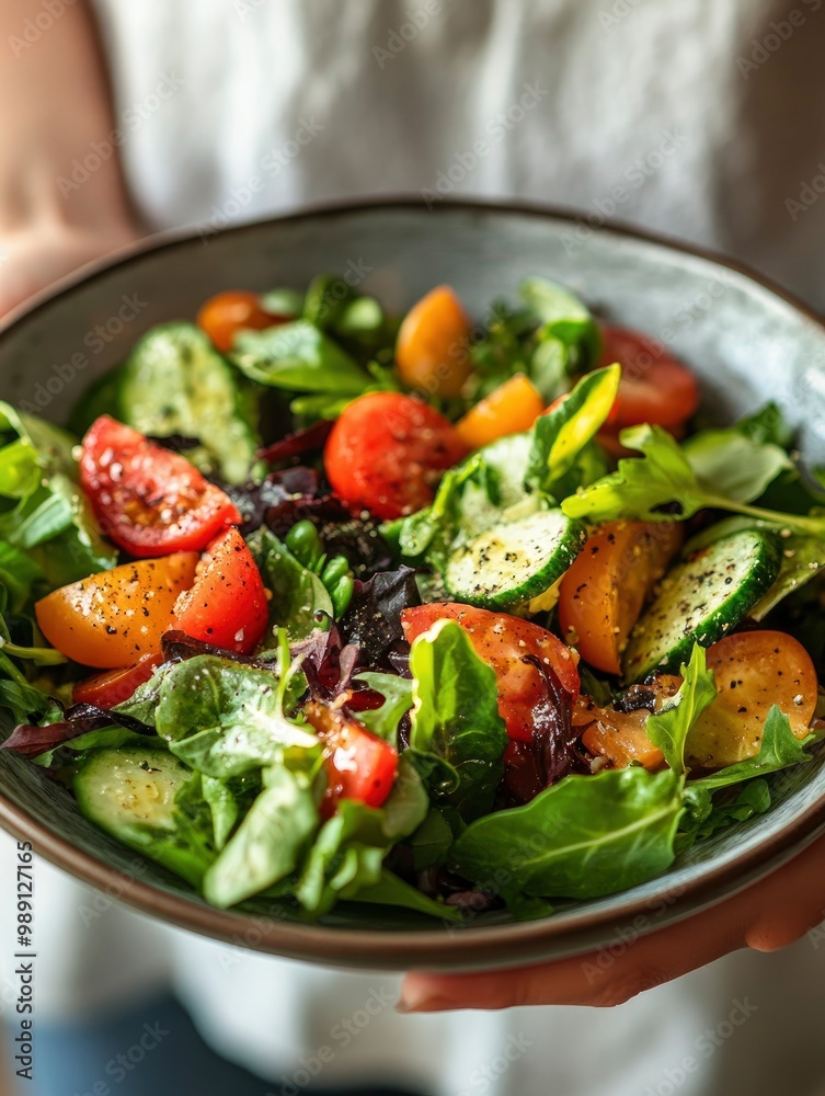 Close up photo of a salad in a plate held by a woman's hands Close up photo of a salad in a plate held by a woman's hands