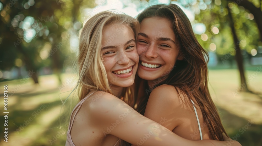 Naklejka premium Women enjoying a joyful moment together, embracing affectionately in a garden. Friends celebrating happiness in an outdoor setting during their holiday