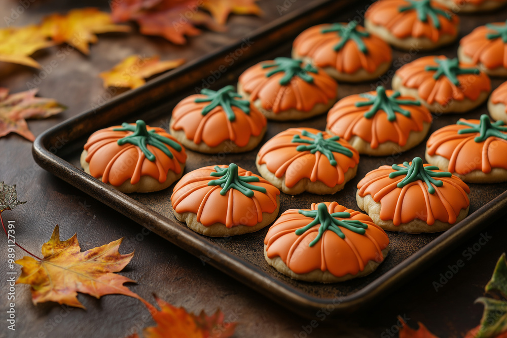 pumpkin-shaped cookies with icing on baking tray pumpkin-shaped cookies with icing on baking tray