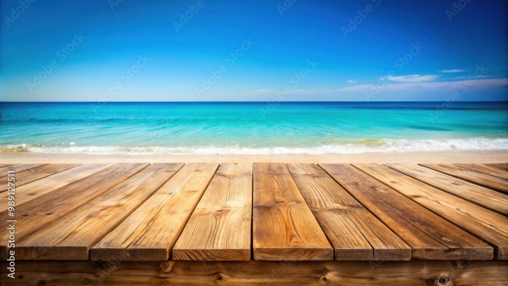 Wooden table on sandy beach with view of turquoise sea and clear blue sky Wooden table on sandy beach with view of turquoise sea and clear blue sky