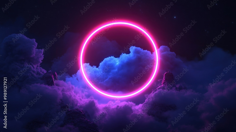 A glowing pink circle amidst dramatic clouds in a night sky. A glowing pink circle amidst dramatic clouds in a night sky.