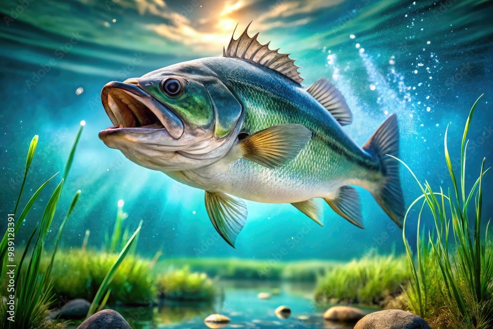 A shiny silver bass fish leaps out of calm turquoise water, mouth open, scales glistening in sunlight, against a blurred green aquatic plant background. A shiny silver bass fish leaps out of calm turquoise water, mouth open, scales glistening in sunlight, against a blurred green aquatic plant background.