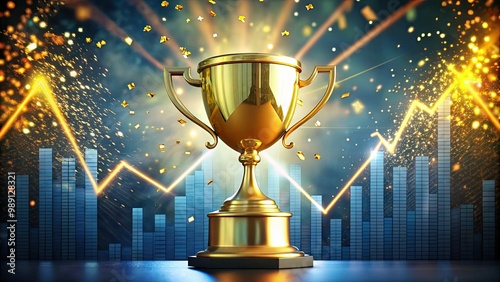 A shiny golden trophy with a dollar sign on top, surrounded by confetti and rising graphs, symbolizing success and achievement in sales and business.