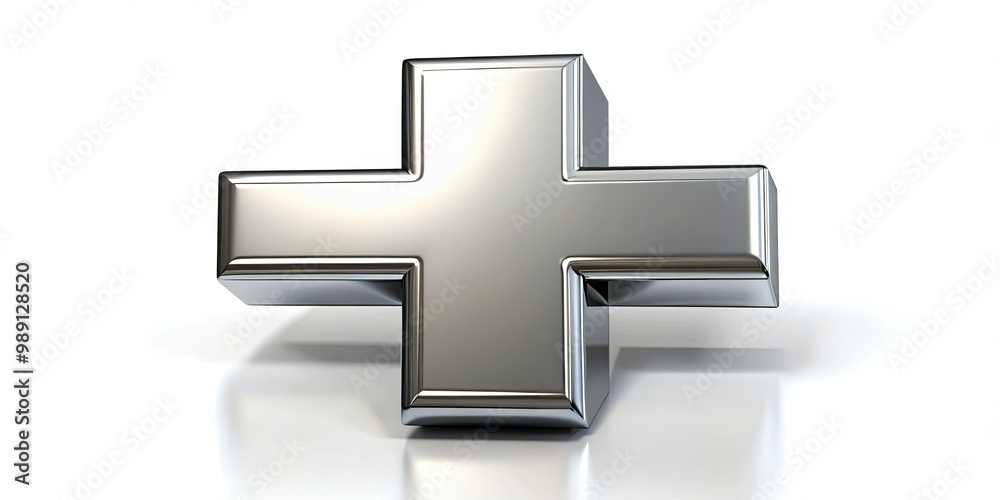 Obraz premium A shiny silver medical cross symbol on a white background, representing healthcare, medicine, and emergencies, with clean lines and a modern minimalist aesthetic.