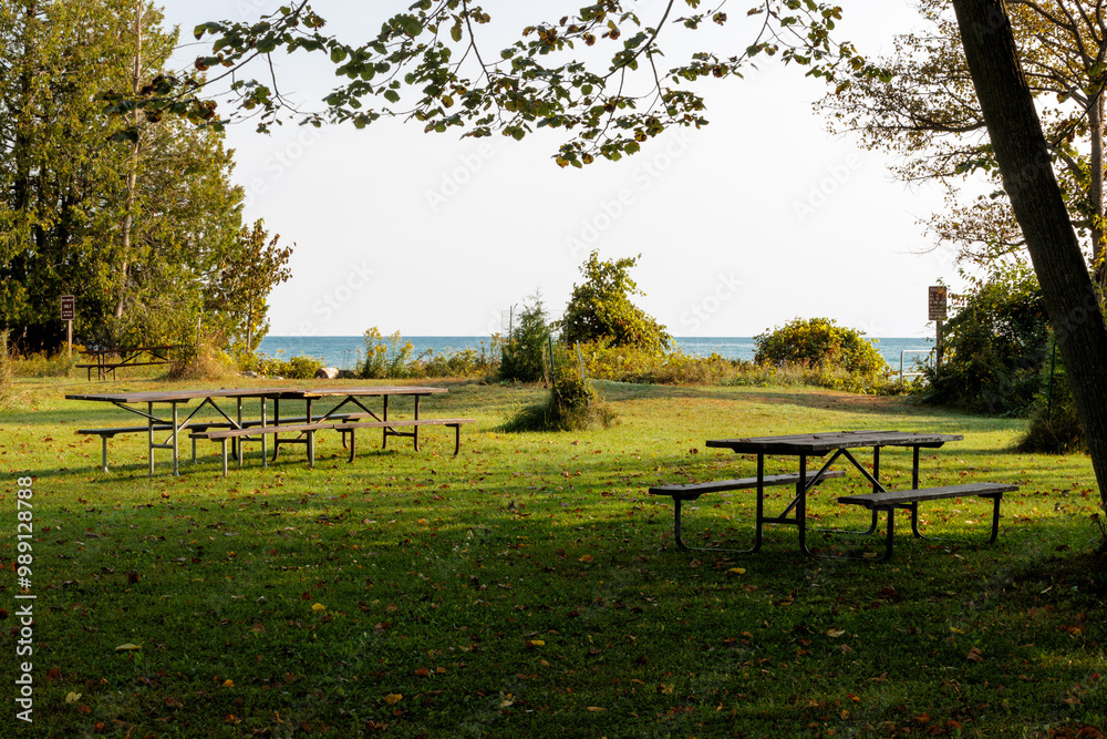 The quiet picnic area at Harrington Beach State Park, Belgium, Wisconsin in the early morning of a mid-September weekday, overlooking Lake Michigan The quiet picnic area at Harrington Beach State Park, Belgium, Wisconsin in the early morning of a mid-September weekday, overlooking Lake Michigan