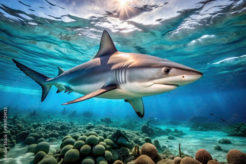 Fototapeta premium A sleek grey reef shark swims horizontally through crystal-clear tropical waters, its sharp teeth and piercing gaze capturing the viewer's attention.