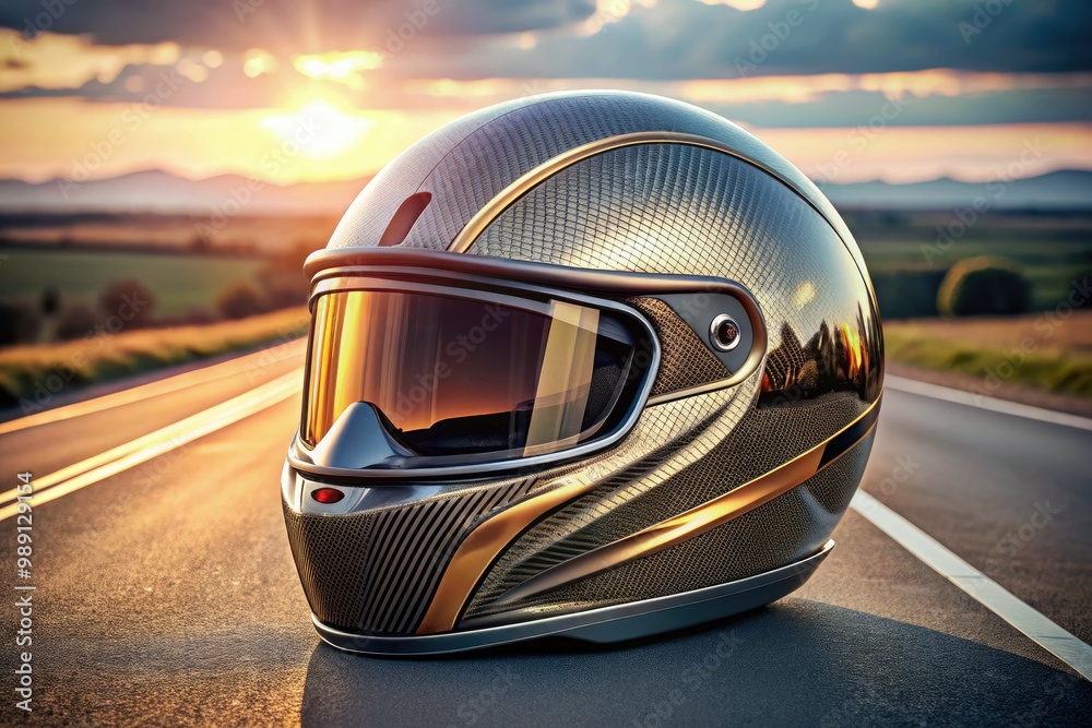 Obraz premium A sleek, metallic motorbike helmet icon with a glossy finish, adorned with a subtle pattern of speedlines, symbolizing protection, freedom, and adventure on the open road.