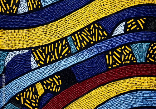 Abstract African Print Fabric with Yellow, Blue and Red Stripes photo