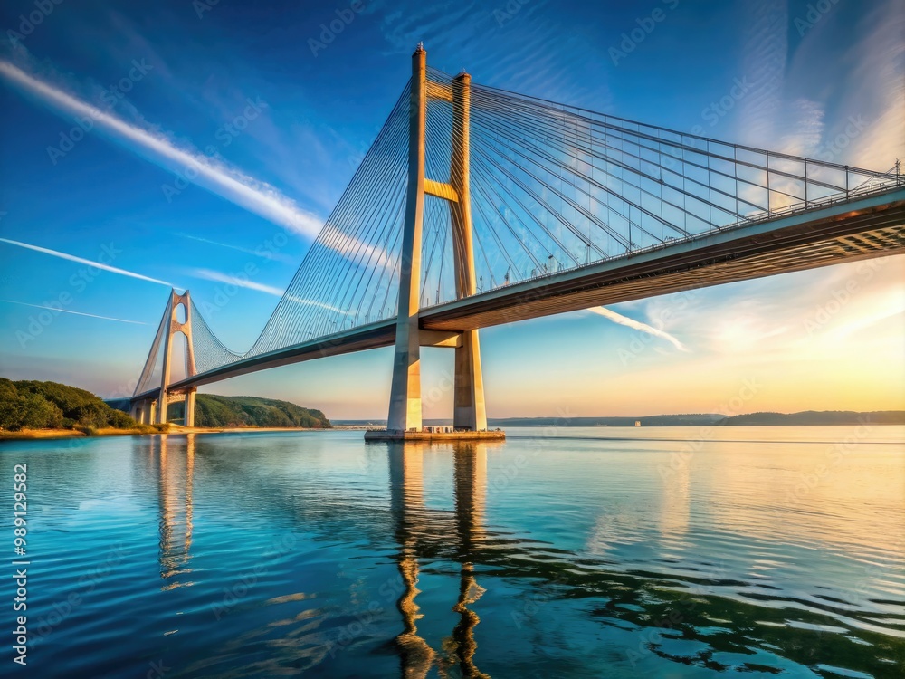 Fototapeta premium A sleek, modern suspension bridge stands proudly over calm, sparkling waters, its delicate cables and sturdy pillars a testament to innovative engineering and design.