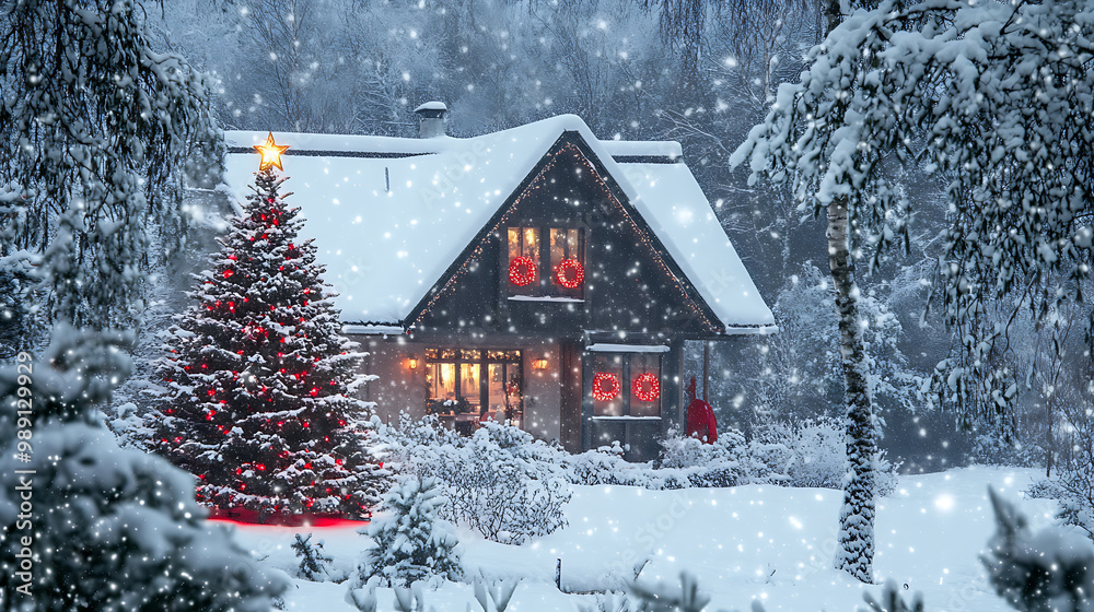 Naklejka premium Beautiful Christmas house in the snowy forest with a Christmas tree.