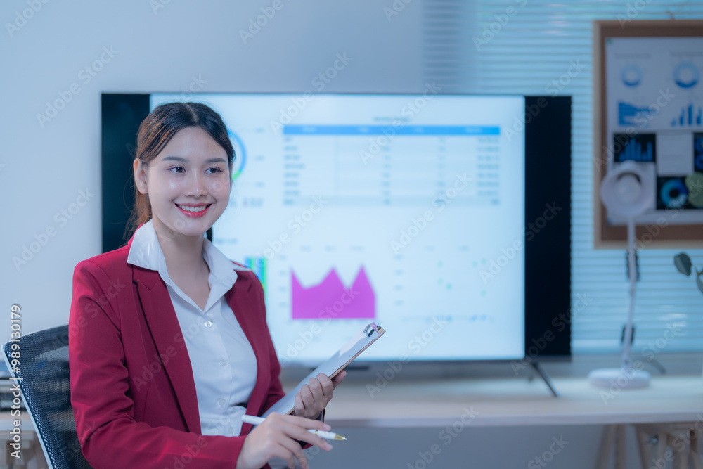 Businesswoman is holding a clipboard and smiling while presenting business data on a tv screen in an office meeting room Businesswoman is holding a clipboard and smiling while presenting business data on a tv screen in an office meeting room