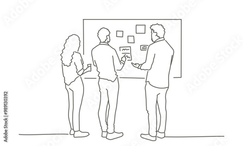 Three people standing in front of a white board. One of them is holding a cup. The board has a lot of writing on it. Hand drawn vector illustration. Black and white.