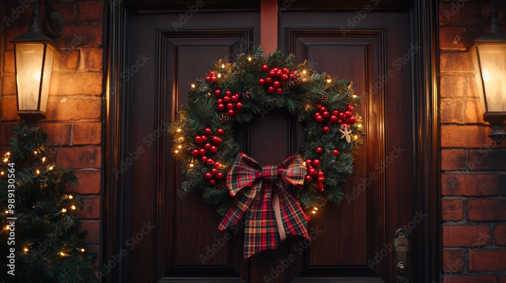 Hermosa corona de Navidad adornada con luces brillantes y un lazo rojo, colgada en una puerta oscura, lista para las festividades invernales. Hermosa corona de Navidad adornada con luces brillantes y un lazo rojo, colgada en una puerta oscura, lista para las festividades invernales.