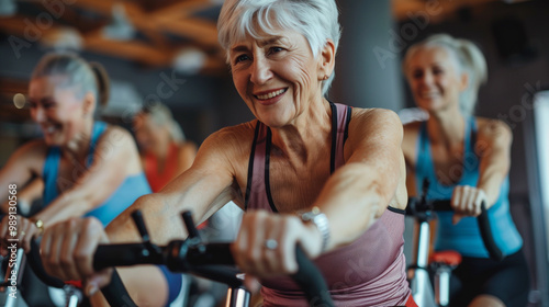 Smiling happy healthy fit slim senior woman with grey hair practising indoors sport with group of people on an exercise bike in gym