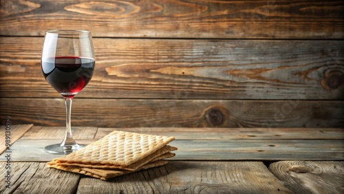 A vintage wooden table with a glass of red wine and matzo photo