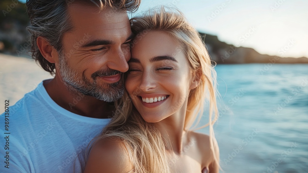 Close up portrait of man and woman model couple on the beach feeling happy during vacation Close up portrait of man and woman model couple on the beach feeling happy during vacation