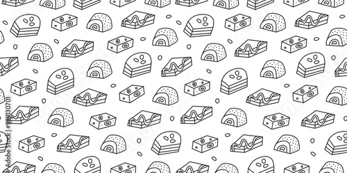 Black and white seamless pattern with traditional doodle outline Turkish sweets, desserts with honey, nuts including baklava, cezerye, nougat, delights.