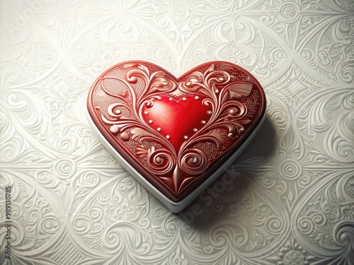 A solitary, intricately designed, red heart-shaped playing card lies isolated on a pristine white background, its ornate details and patterns catching the soft, warm light.
